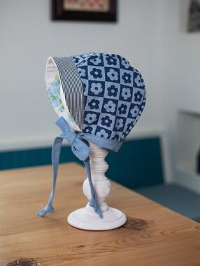 Upcycled Denim Baby Bonnet Blue Floral Striped Brim Fully Lined 6-12 mo